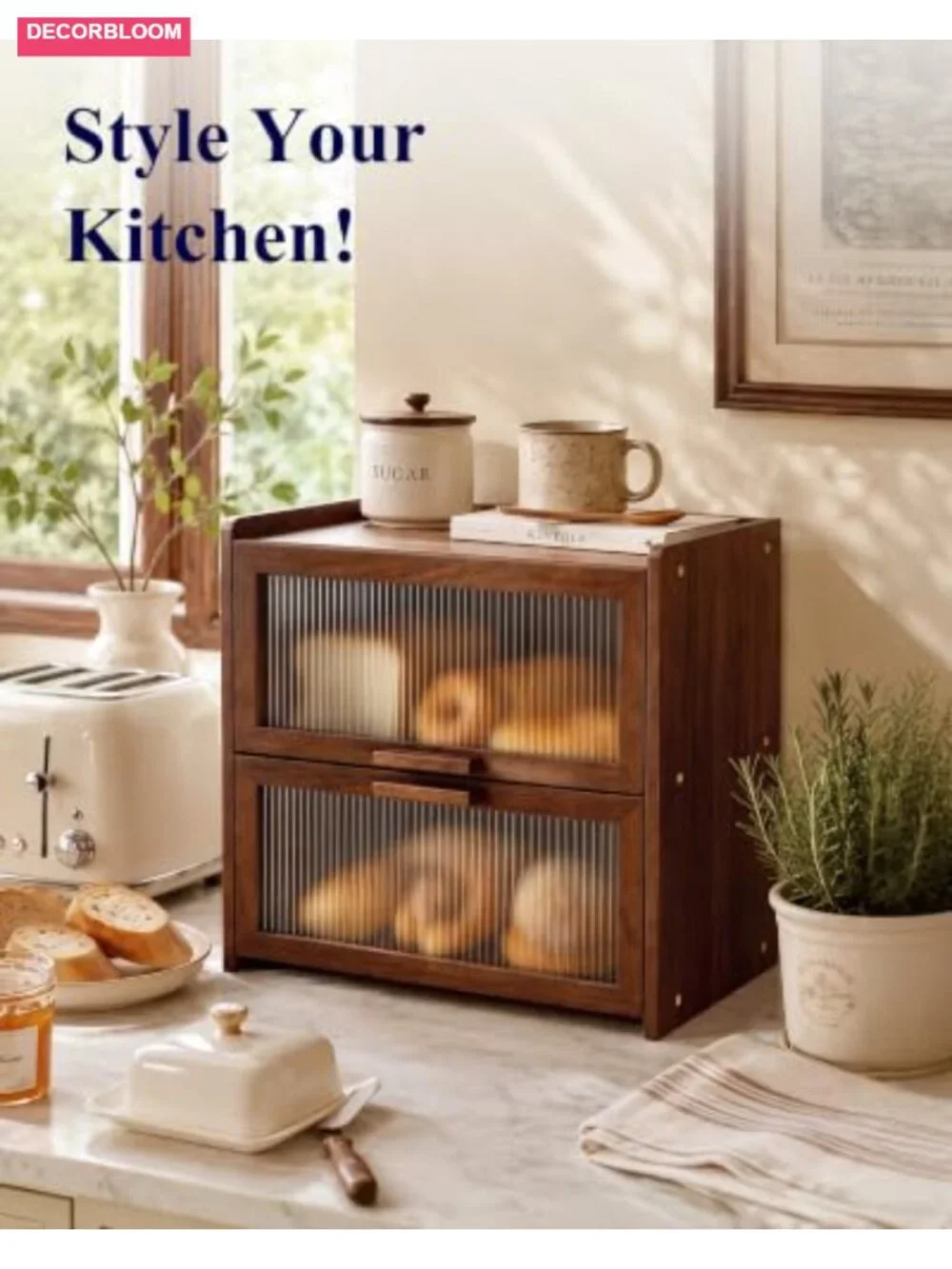 Wooden 2-Tier Bread Box for Kitchen, Large Storage, Pine, Farmhouse Style